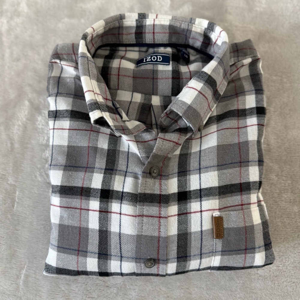 IZOD Mens Gray Plaid Long Sleeve Button‎ Down Flannel Shirt L Casual